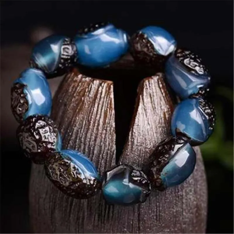 Authentic A Second-generation Blue Amber Belt Leather Bracelet, Beeswax Amber Bracelet