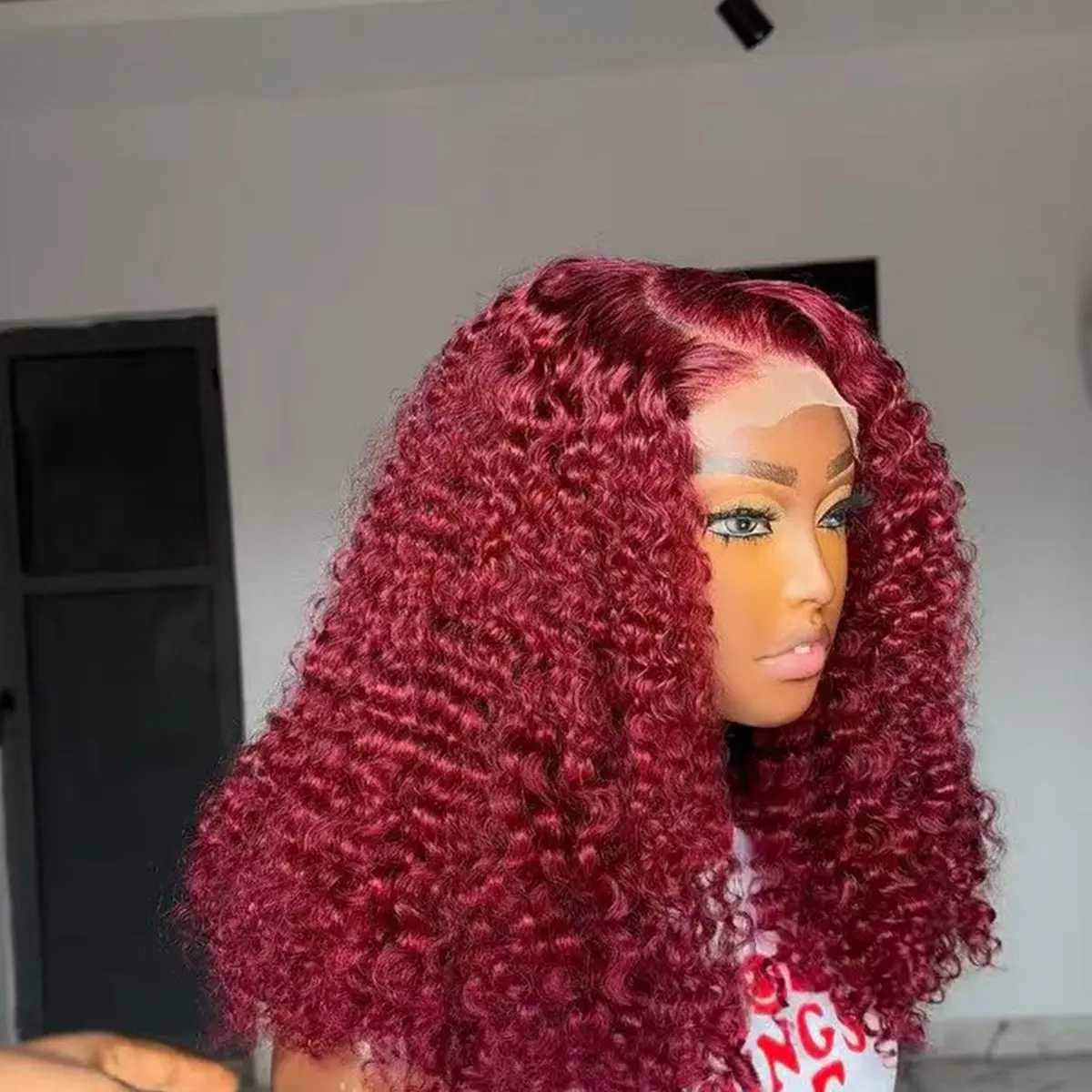 Short Bob Blunt Cut Deep Curly 99J Red Burgundy Color 13X4 HD Lace Frontal Synthetic Wigs Glueless Wig Preplucked With Baby Hair