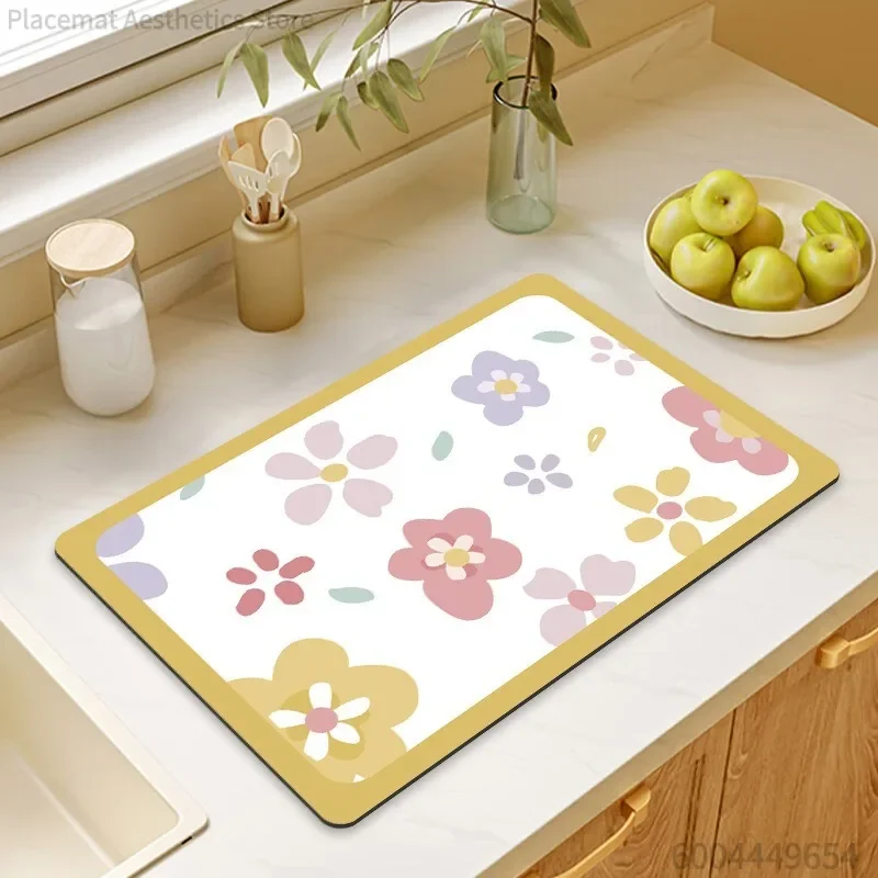 Pastel Floral Orange Fruit Print Super Absorbent Drying Mat Waterproof Kitchen Coffee Drain Pad Decor Placemat