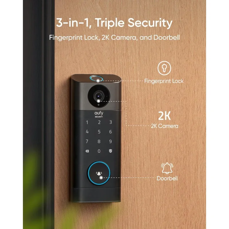 Eufy S330 kunci pintu Video cerdas, kamera 3 dalam 1 + bel pintu + kunci pintu tanpa kunci sidik jari, baut mati Wi-Fi pintar untuk pintu depan