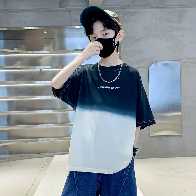 Boys Summer Short-Sleeved T-shirt Children's Clothing Fashion Gradient Color Tops Teenager Letter Tees Korean Cotton Tshirts