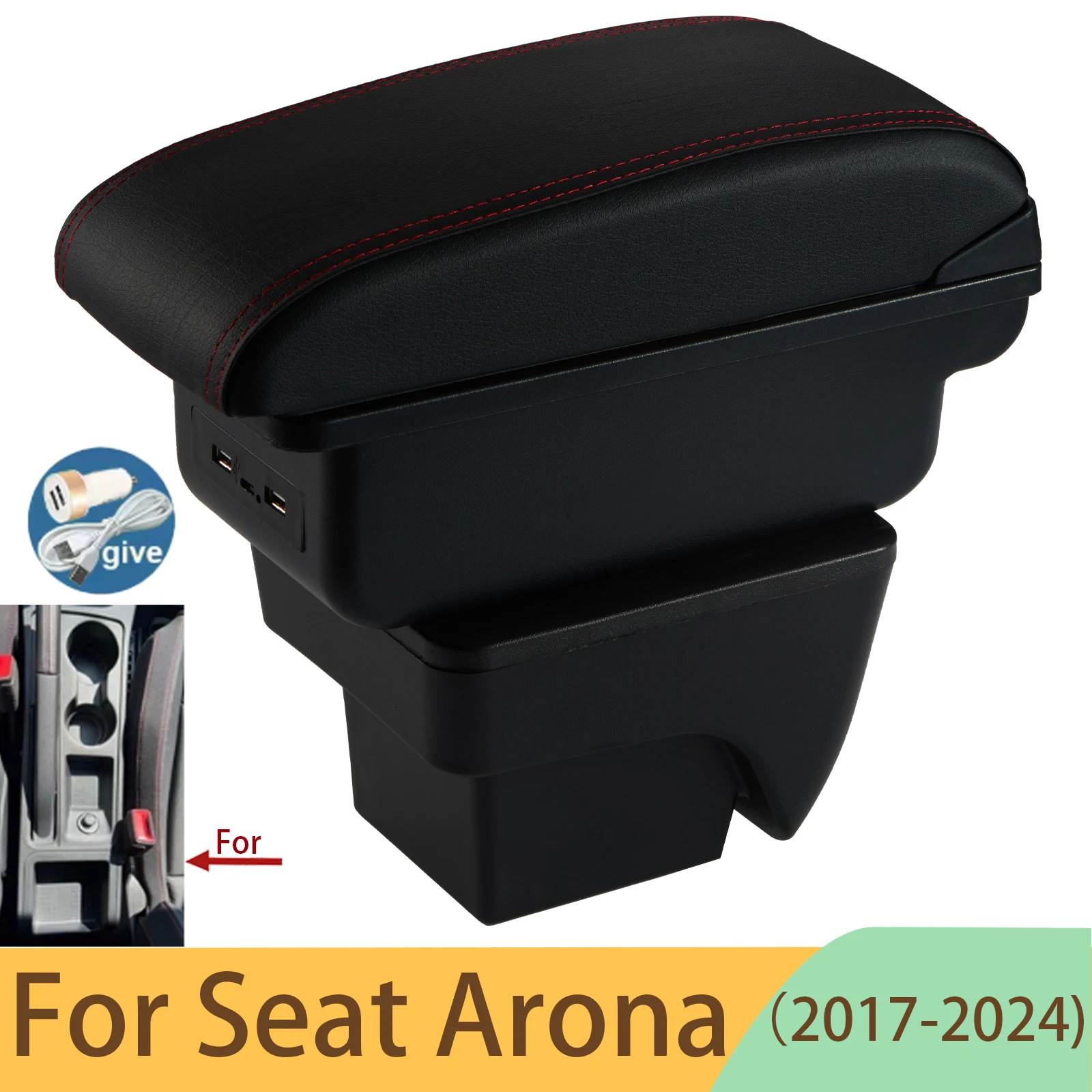 For SEAT ARONA Car Armrest Modification Multifunctional Double-Layer Storage Box with USB Charging Easy to Install Car Accessory
