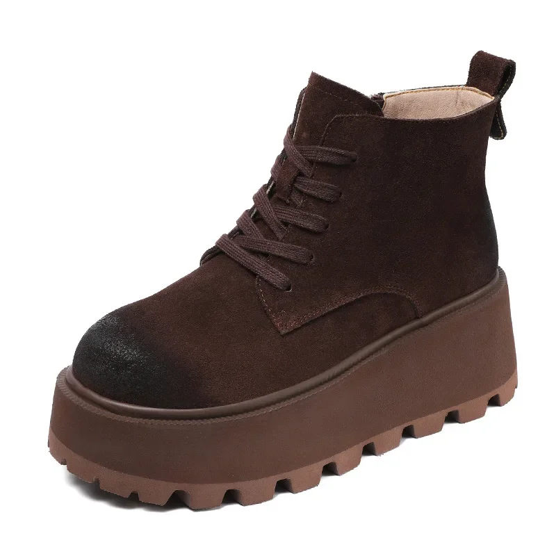 

6.5CM Retro Style Height Increasing Ankle Boots For Women Handmade Cow Suede Chunky Platform Wedges Heel 2025 Winter Warm Boots