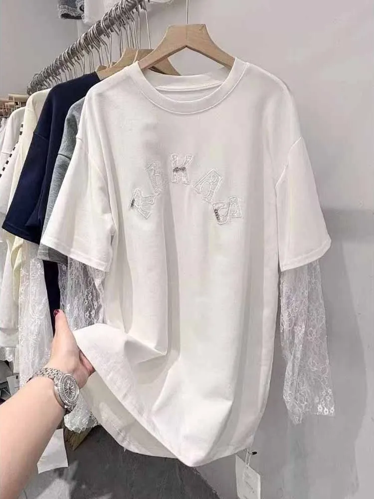 특대 사이즈 300 포 유럽 스타일 자수 레이스 패치워크 롱 슬리브 티셔츠 여성용 봄 여름 슬림핏 탑