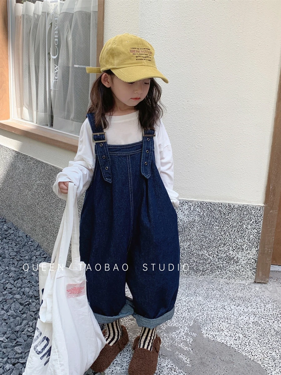 Boys Girls Denim Jumpsuit Blue Loose Wide Leg Suspender Jeans Spring Autumn Casual Overalls Children Casual Romper Pants