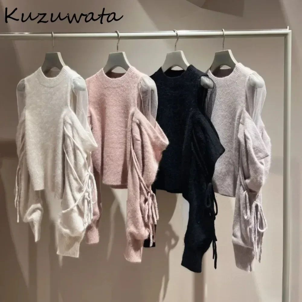 Kuzuwata Temperament Commuter O Neck Lantern Jumper Voile Lace Up Off Shoulder Women Sweaters Japan Cute Pullover Loose Knit Top