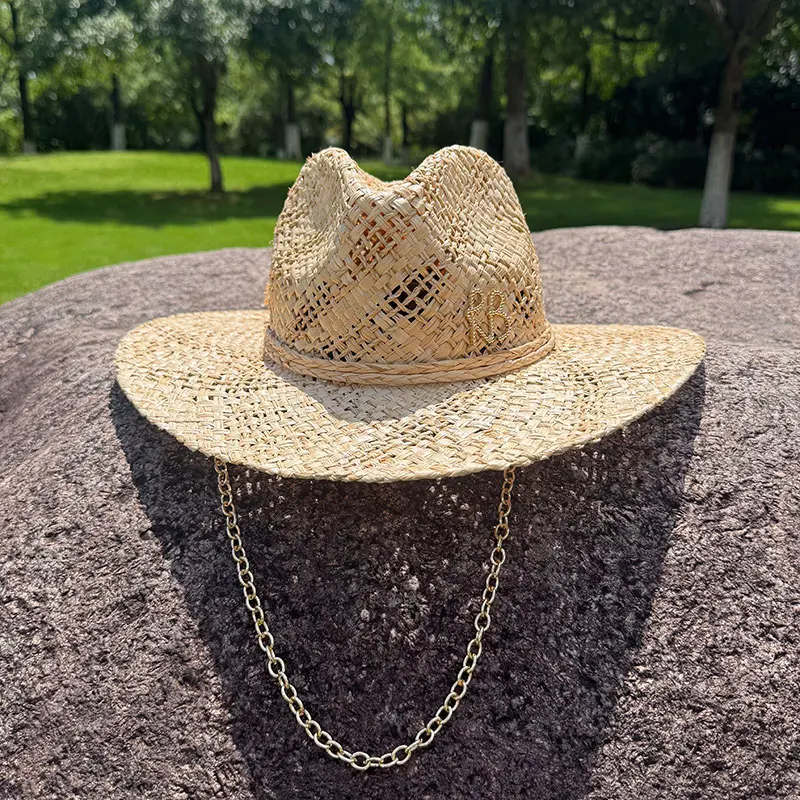 Original Designer Style Hats Metal Letters RB Chain Raffia Panama Handmade Straw Hat For Women Summer Beach Wide Brim Sun Hat