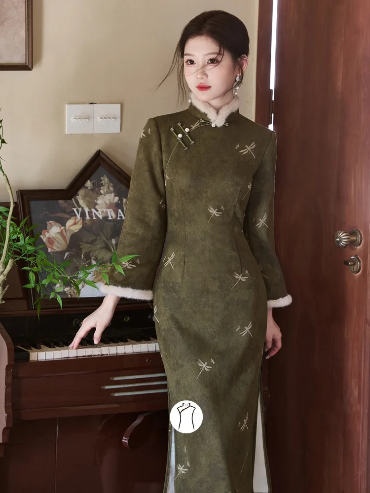 

Ретро-ципао в китайском стиле с меховым воротником для молодых женщин: теплый, повседневный, с длинными рукавами, из бархата, на зиму