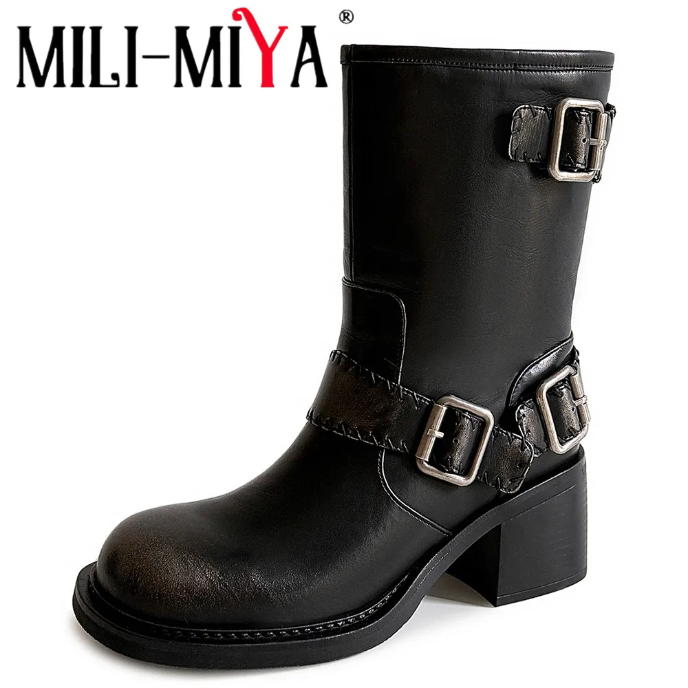 

MILI-MIYA Женские однотонные сапоги до середины икры из натуральной кожи с круглым носком, массивными каблуками и широкими штанинами для женщин