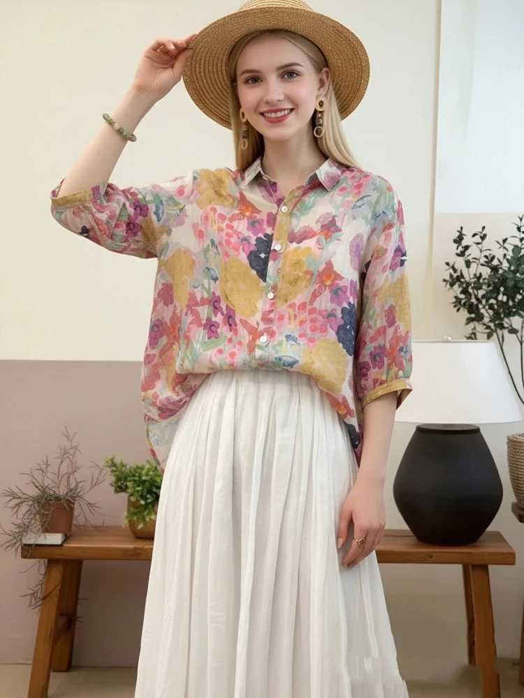 

New Turn Down Collar Pattern Women's Half Sleeve Shirt Fashion Vintage Beach Casual Cardigan Single Breasted Blouse