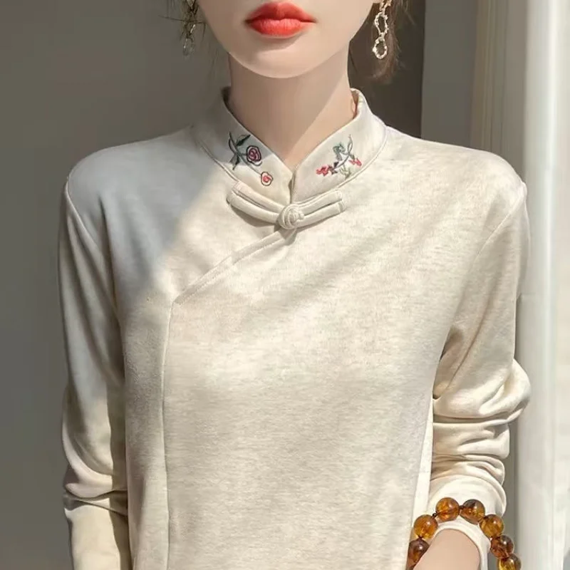 New Autumn Winter Double-sided Grinding Stand Base Shirt Women New Chinese Style Embroidered Cheongsam Collar Top Keep Warm