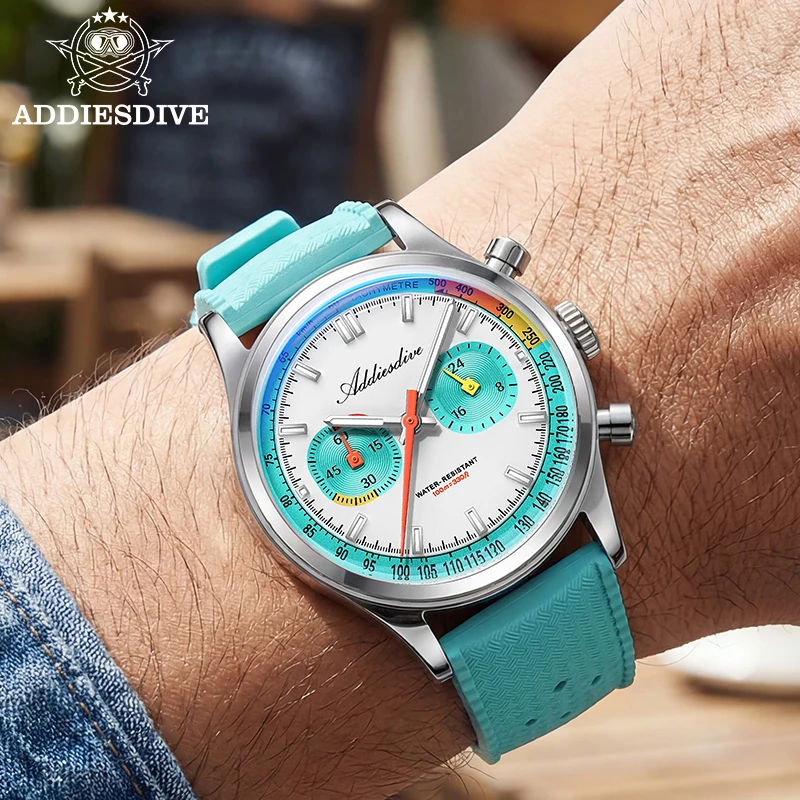 

ADDIESDIVE Man Sports Watch New VK64 Quartz Chronograph Panda Dial Bubble Glass Stainless Steel Luminous 100m Waterproof Watches