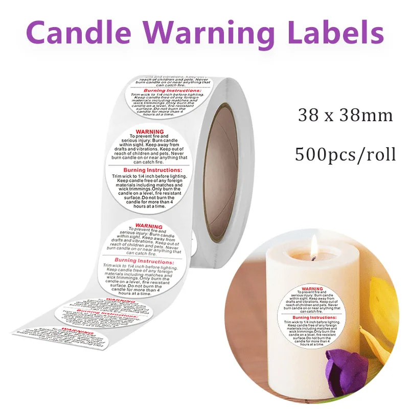 500/1000pcs Candle Warning Labels 1.5inch Round Self-adhesive Scented Candle Safety White Roll Sticker Diy Candle Jar Container