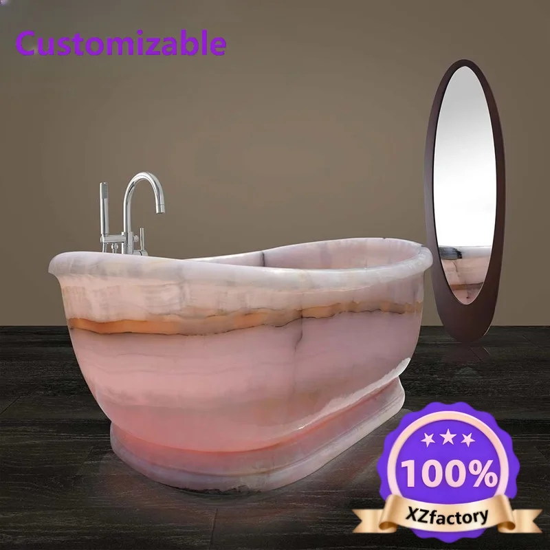 Factory Direct 2026 Top RatedNatural stone pink agate bathtub hand-carved oval spa bathtub hotel villa bathroom decoration