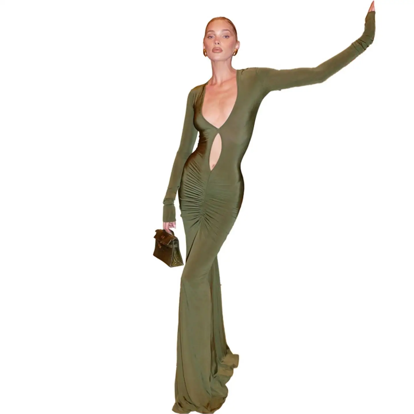 Sexy High Waist Pleated Bodycon Dr Women's Deep V Ne Cut out European Sle Long Sve Casual Faion mid Year Autumn