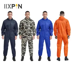 Mens Dustproof Hooded Coverall Garment Long Sleeve Half Zipper Big Pockets Overalls Jumpsuit Dungarees for Workshop Work Clothes