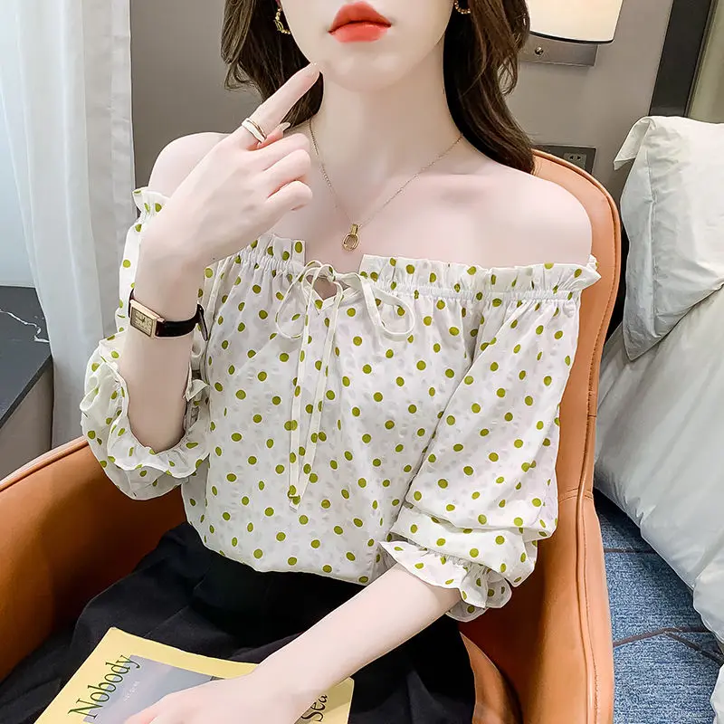 

French Polka Dot Printed Loose Chiffon Shirt for Women in Summer New Style One Shoulder Two-wear Lace-up Top