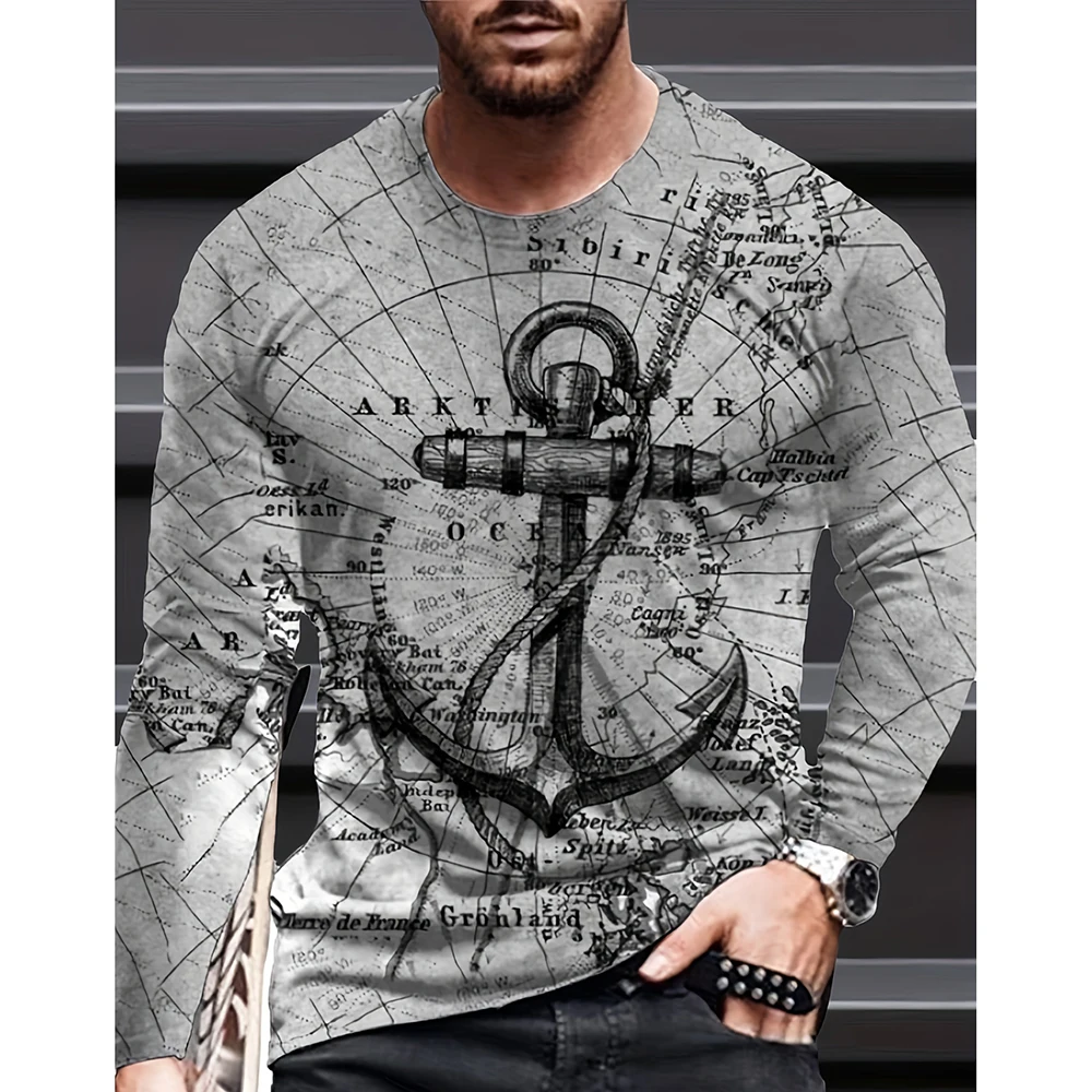 

New Nautical Map Graphic Printing Long Sleeve T Shirt For Men Fashion Cross Pattern 3D Tee Street Harajuku Oversized Man Clothes