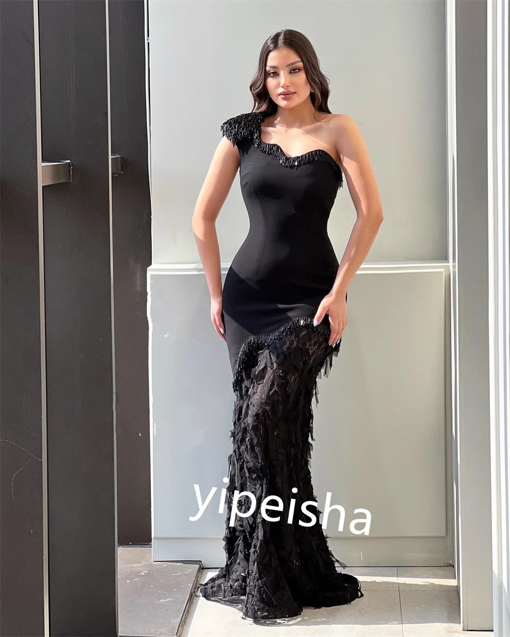 Sizes Available Jersey Sequined Ruched Tassel Mermaid One-shoulder Long Dresses Evening Dresses Intricate Matching Exquisite