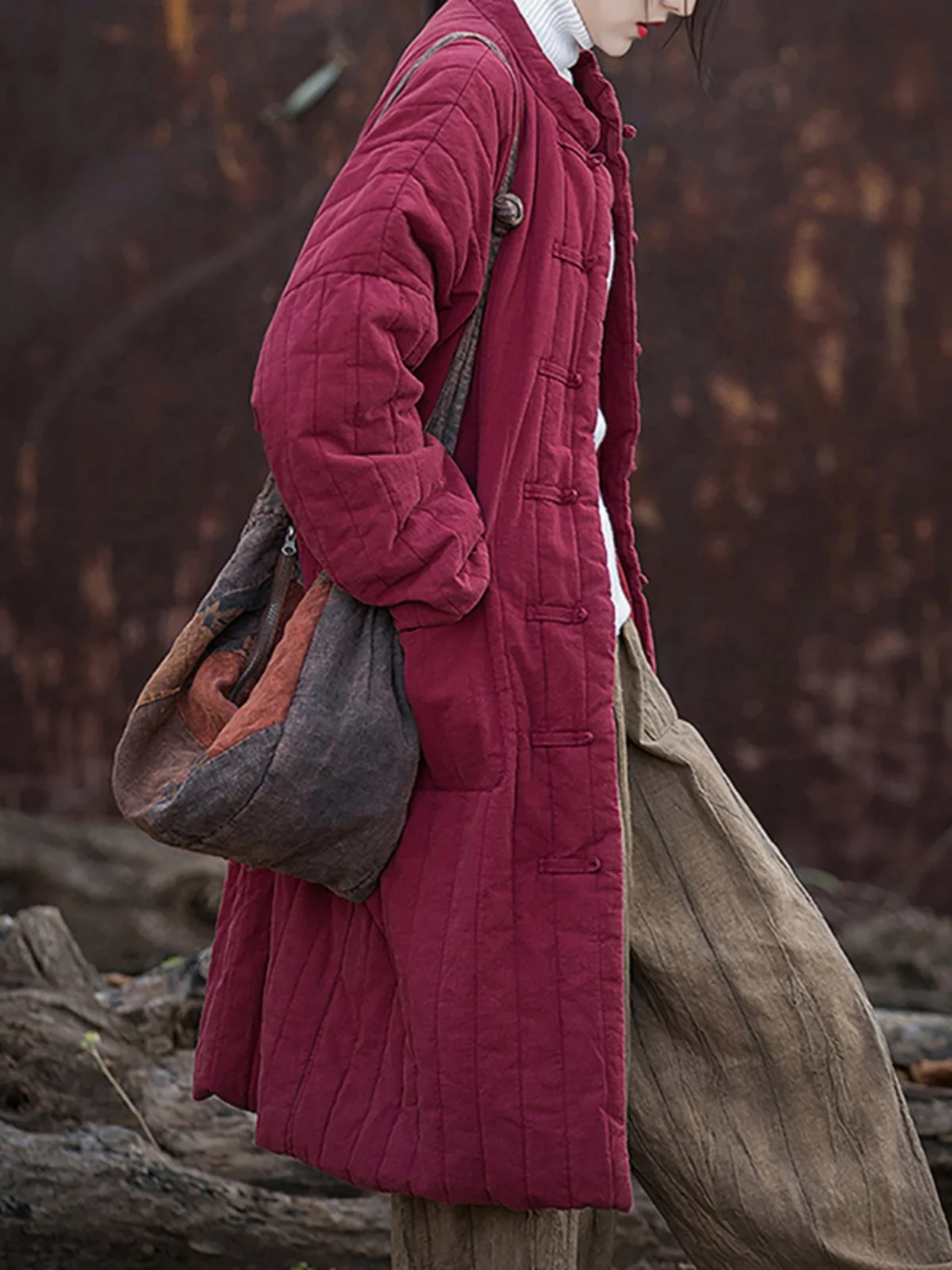 

Women's Cotton Padded Jaet Mid-Length Stand Collar Button-Up Winter Coat Thiened Long Sve Commute Sle Pure Color