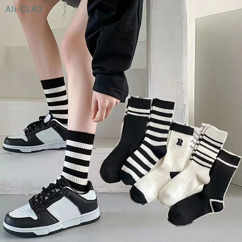 Women Socks Autumn Simple Casual Black White Striped Pile Socks For Girls Breathable Middle Tube Letter Embroidery Cotton Soft