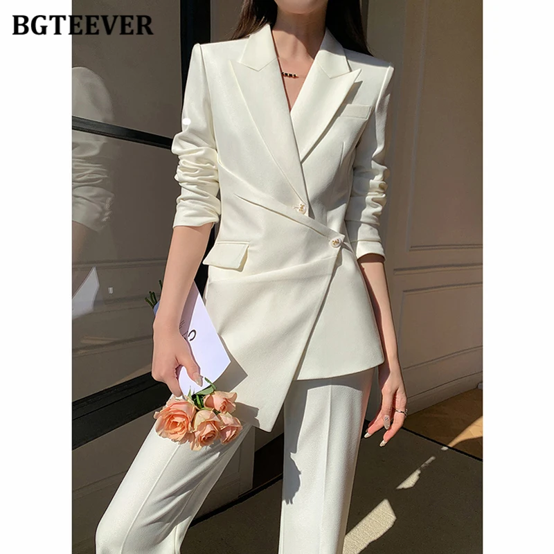 BGTEEVER Elegant Female Trousers Suits Long Sleeve Slim Jackets Women Wide Leg Pants Office Ladies White Blazer Set