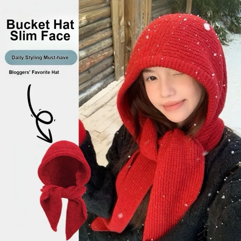 Balaclava Hat Women Knitted Integrated Hooded Scarf Neck Warmer Protective Autumn Winter Daily Accessory
