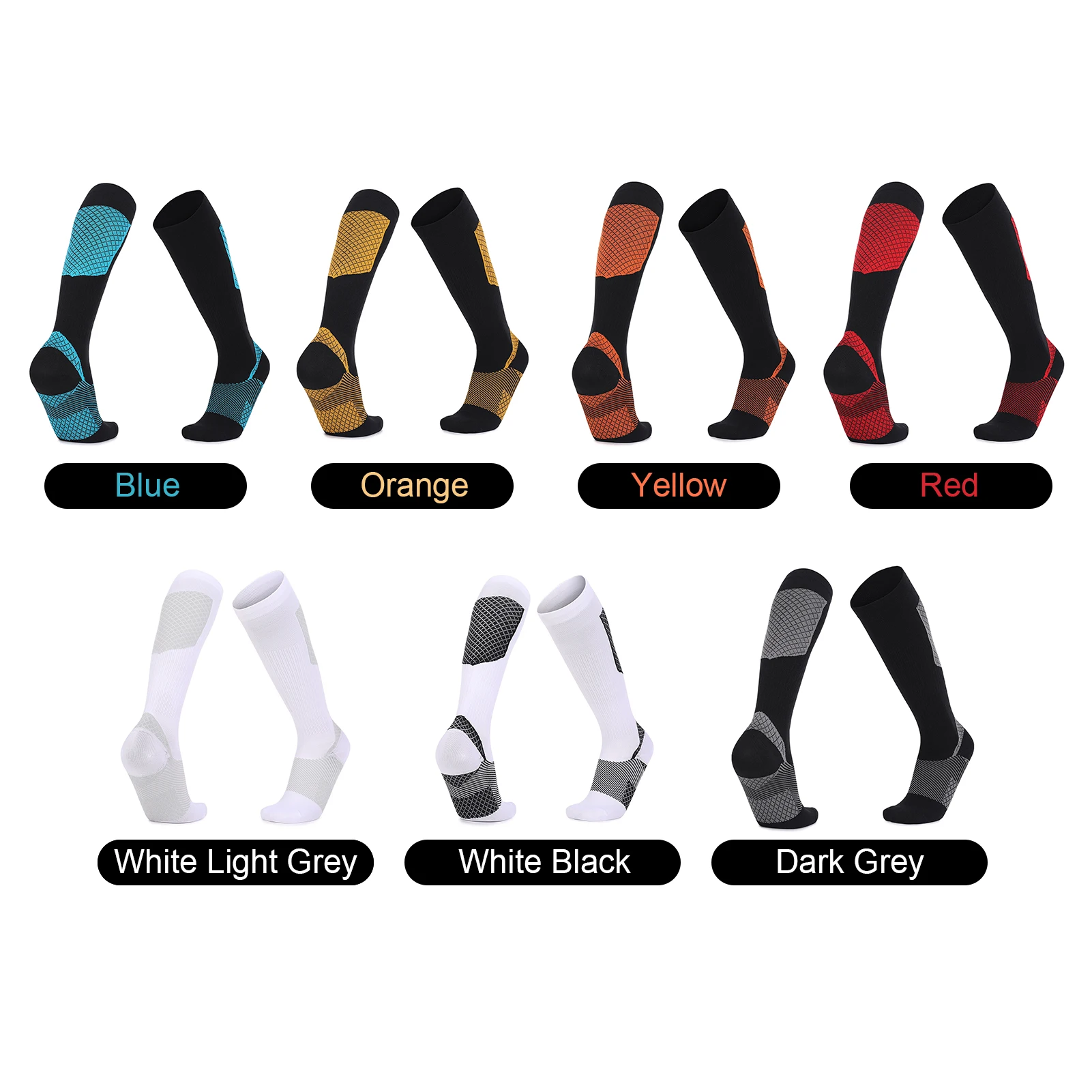 جوارب رياضية فوق الساق للجري وكرة القدم وركوب الدراجات والمشي لمسافات طويلة، أصفر برتقالي أحمر أزرق رمادي داكن أبيض