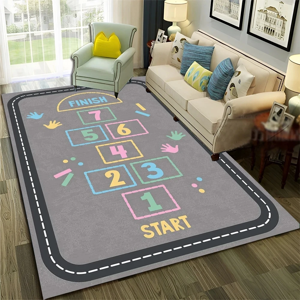 3D Hopscotch Kind Digital Games Teppich Junge Mädchen Cartoon Teppich für Zuhause Wohnzimmer Sofa Fußmatte Dekor, Kinder rutschfeste Bodenmatte
