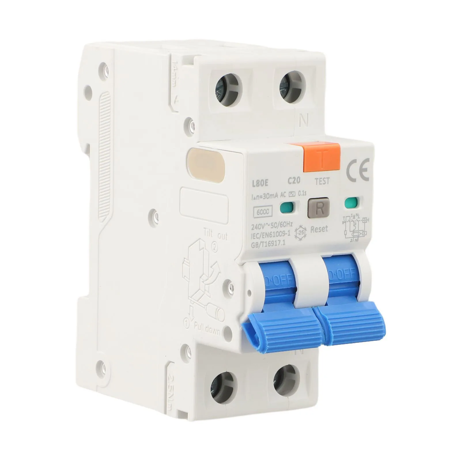 1P+N 20A FI Circuit Breaker Switch RCBO Type AC 30mA Leakage Protector For 230V AC Household Electrical  And Commercial Systems