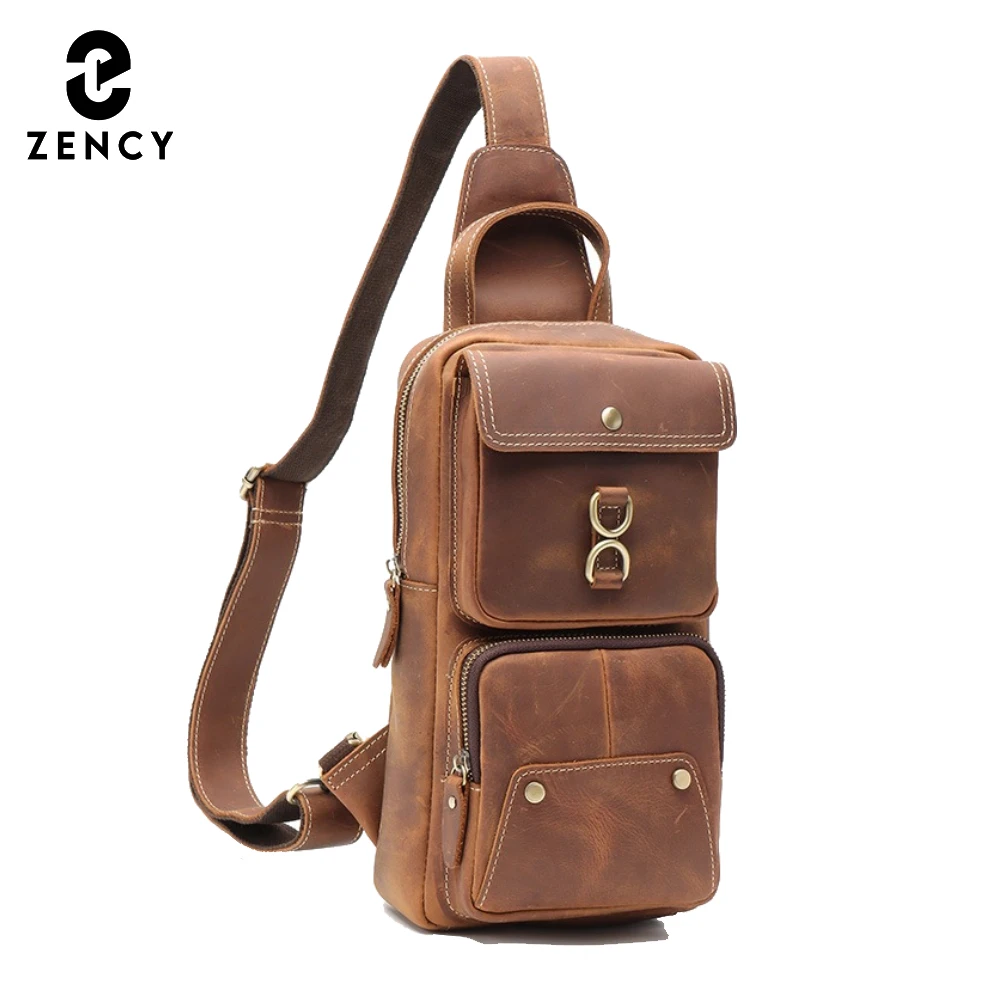 Zency Genuine Leather Men Chest Bag Theft-resistant Crossbody Bag Muti-pocket Handbag for Work Cycling 2025 Zipper Side Bags