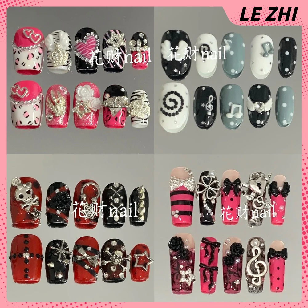 

Spicy Girl Metal Skull Hand Musical Notes Handmade Reusable Press On Nails Flower Bowknot Diamond Pearl Polka Point Fake Nails