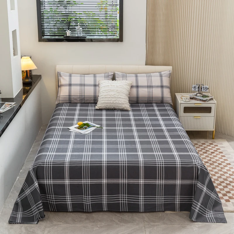 Dark Gray Plaid Bed Flat Sheet Set Home Textile Modern Queen King Size Bedspread Bedding Brushed Breathable 100%Cotton Bed Sheet