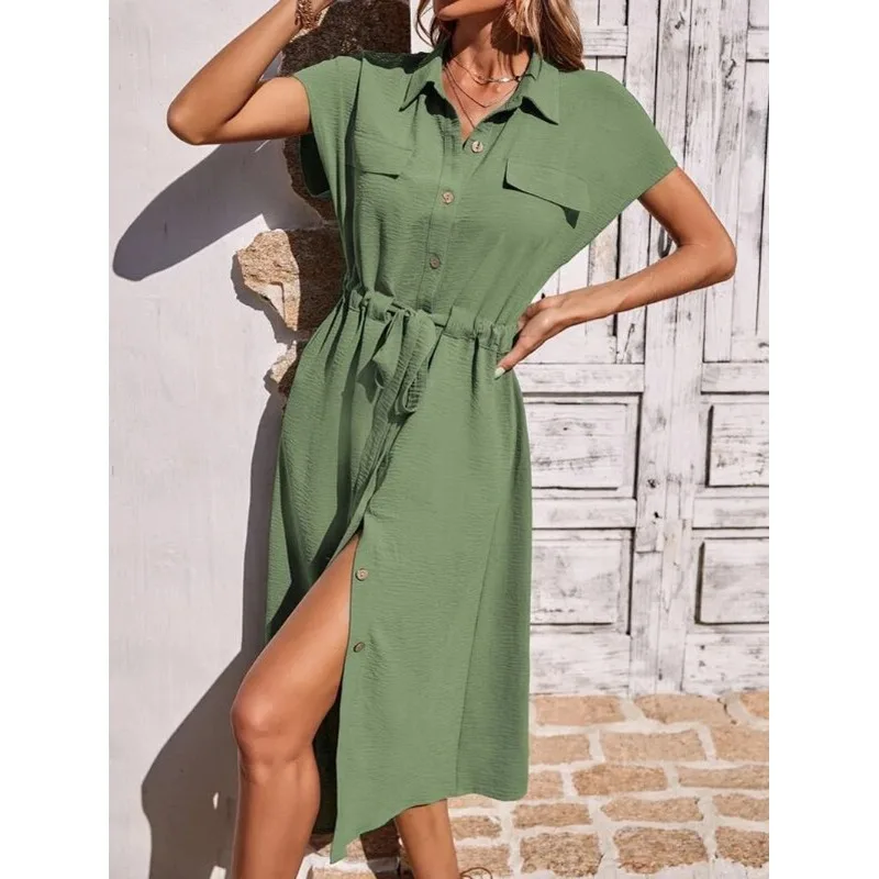 Vestidos nuevos 2025, moda de verano para mujer, camisa cómoda con cuello, falda en la cintura, ropa para mujer, Tops