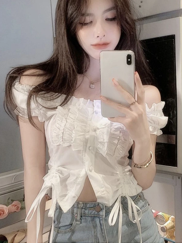 Design Elegant Blouses Solid Color Crop Tops Slash Neck Puff Sleeve Ruffles Draw String Shirts Summer Female Slim Women Clothing