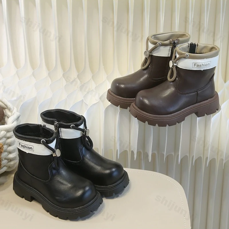 

Children's Leather Boots Autumn New Boys' Comfort Non Slip Soft Sole Short Boots Height Increase Side Zipper Girls Fashion Boots