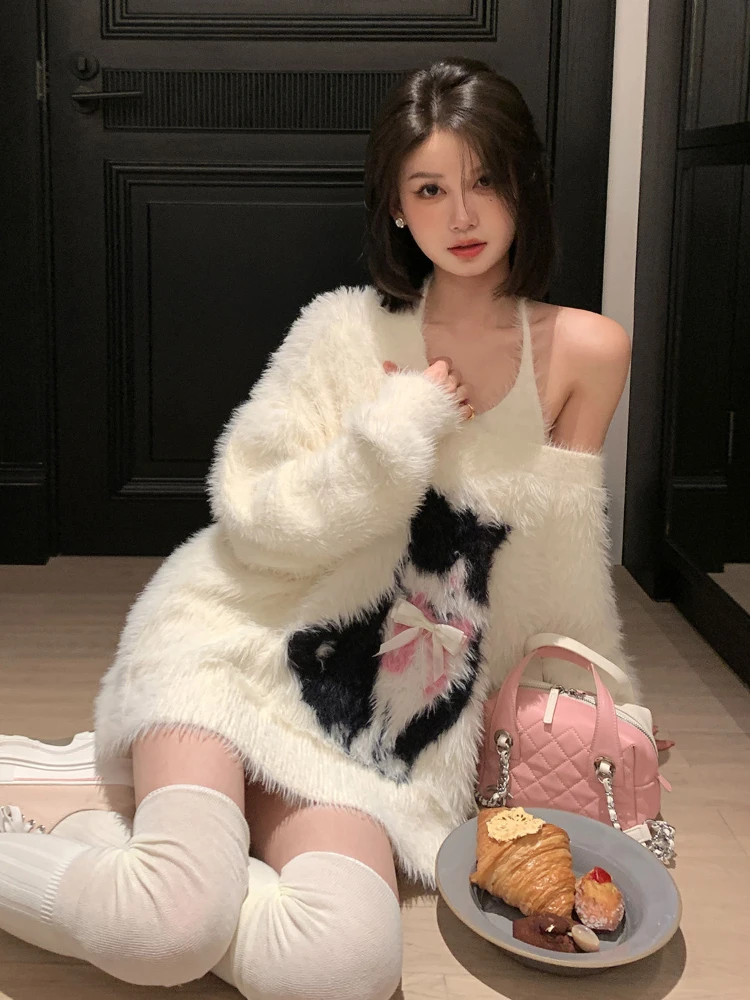 QWEEK Y2k Coquette Oversize Knitted Knit Sweater Women 2024 Autumn Fashion Korean Kpop Sweet School Student Pullovers