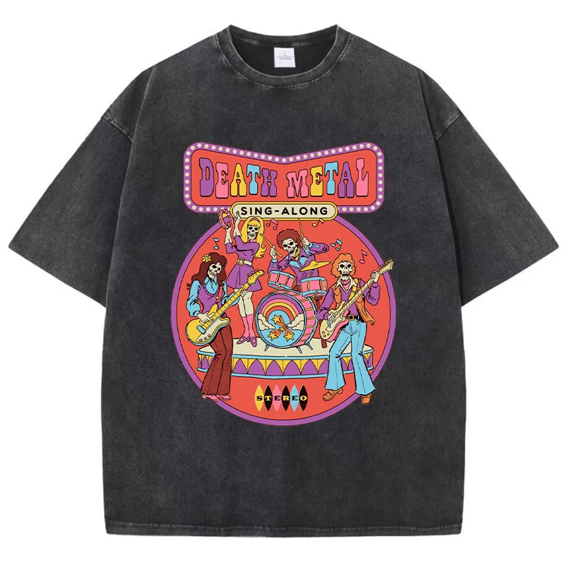 Death Metal Print Female Washed Tshirts Breathable Casual T-Shirts Summer Cool Short Sleeve Soft Loose Distress T-Shirt Women