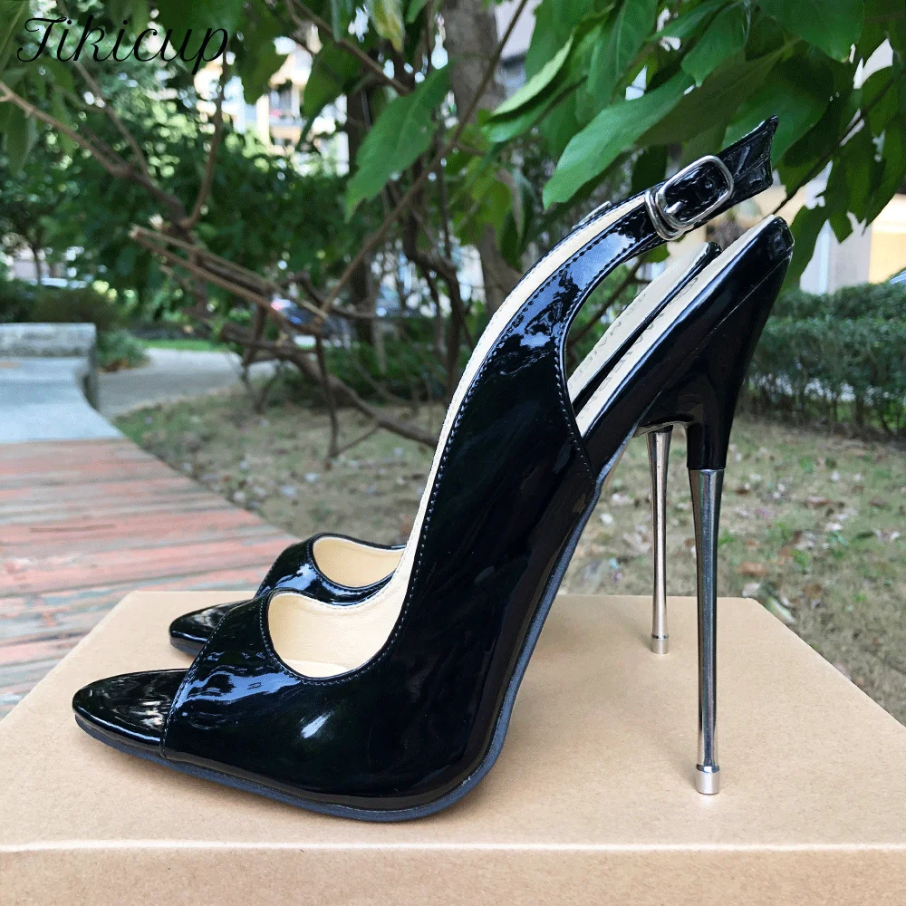 16cm Extreme Metal High Heels Black Sandals Women Sexy Pumps Heel Peep Toe Fetish Cosplay Drag Queen Cross Dresser Unisex Shoe