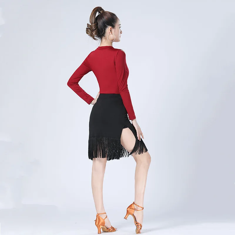 Women Sexy Latin Dance Costume Female Adult Autumn Long Sleeve Tops And Leopard Tassel Skirt Ballroom Performance Dancewear