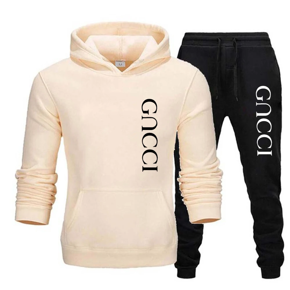 2024 Men\'s Casual Jogging Sportswear Set Hoodie and Black Sweatpants Rubberized Jacket Fashion Sports Winter Warm 2 Piece Set