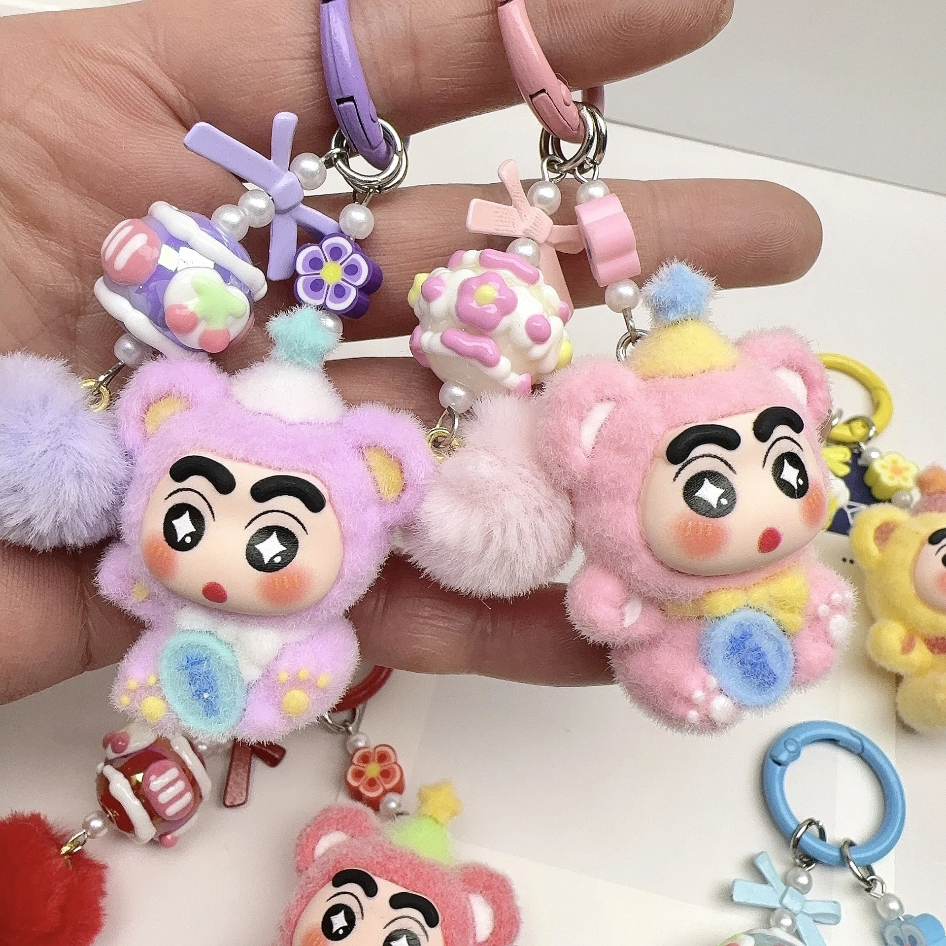 9pcs Flocking Fortune Shinchan Doll Keychain Cute Plush Pendant Diy Phone Charm Bag Decor Creative Lovely Decorative Ornament
