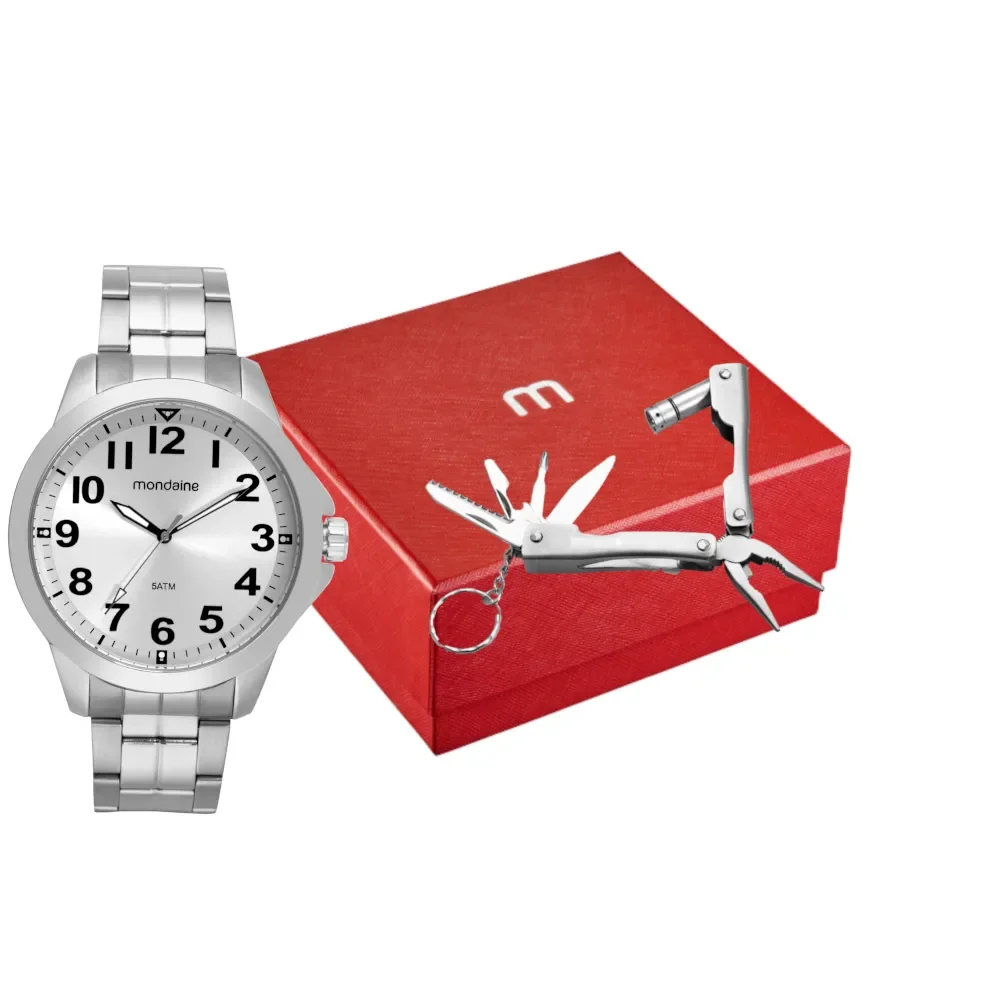 Relógio Masculino Mondaine Casual Prata Com Canivete Suiço 99686G0MVNE1K2
