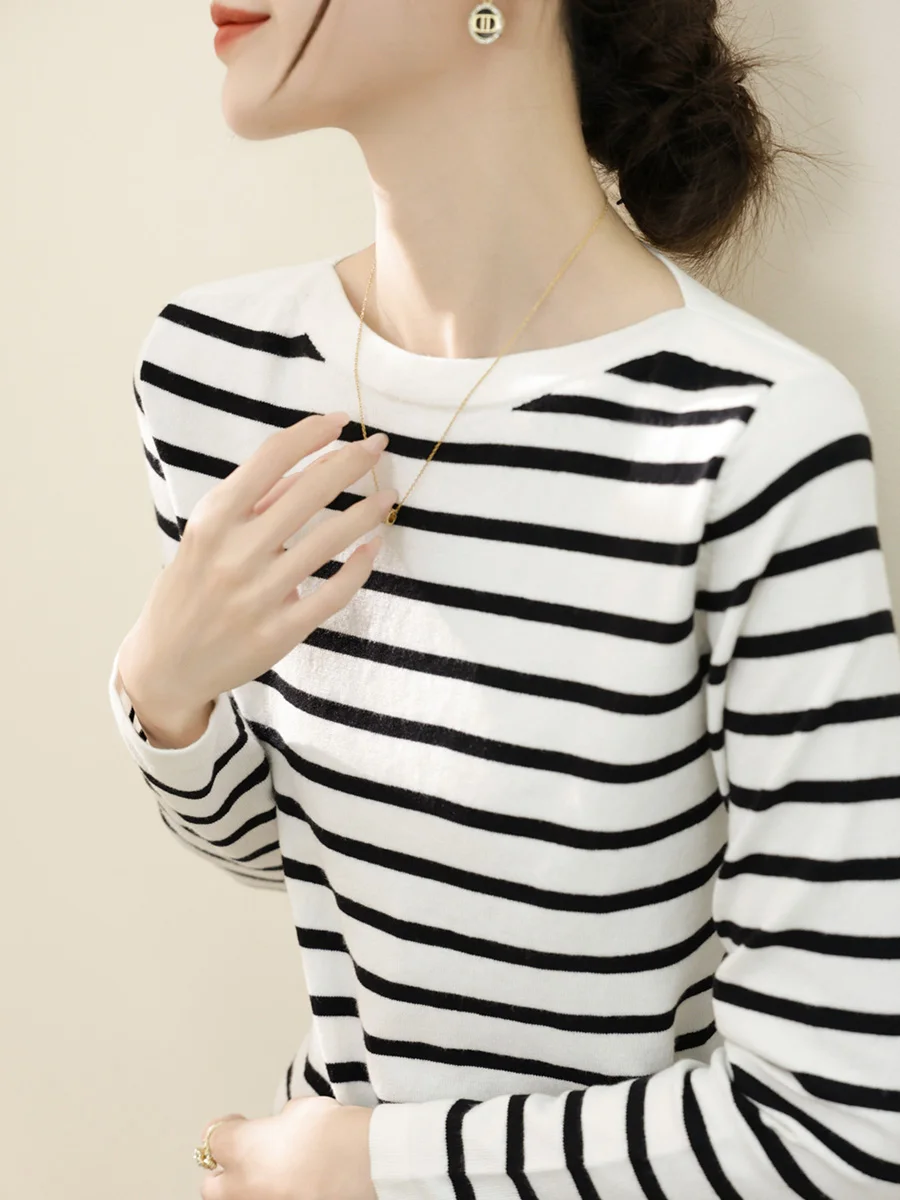 

Ele Bla, белый полосатый длинный свековый вязаный базовый топ irt, женский модный топ с ленивым рукавом, весна-осень 2023, Новое поступление