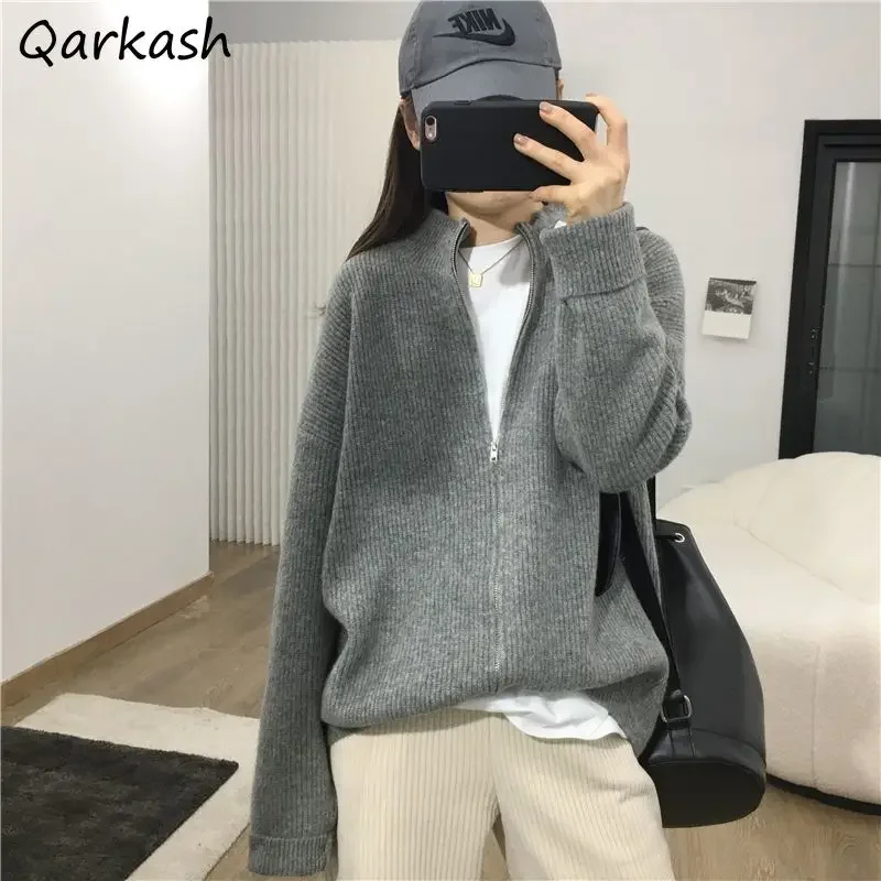 Cardigans Women Zipper Sweaters Korean College BF Casual Simple All-match Stylish Retro Autumn Female Knitwear Warm Baggy Jacket