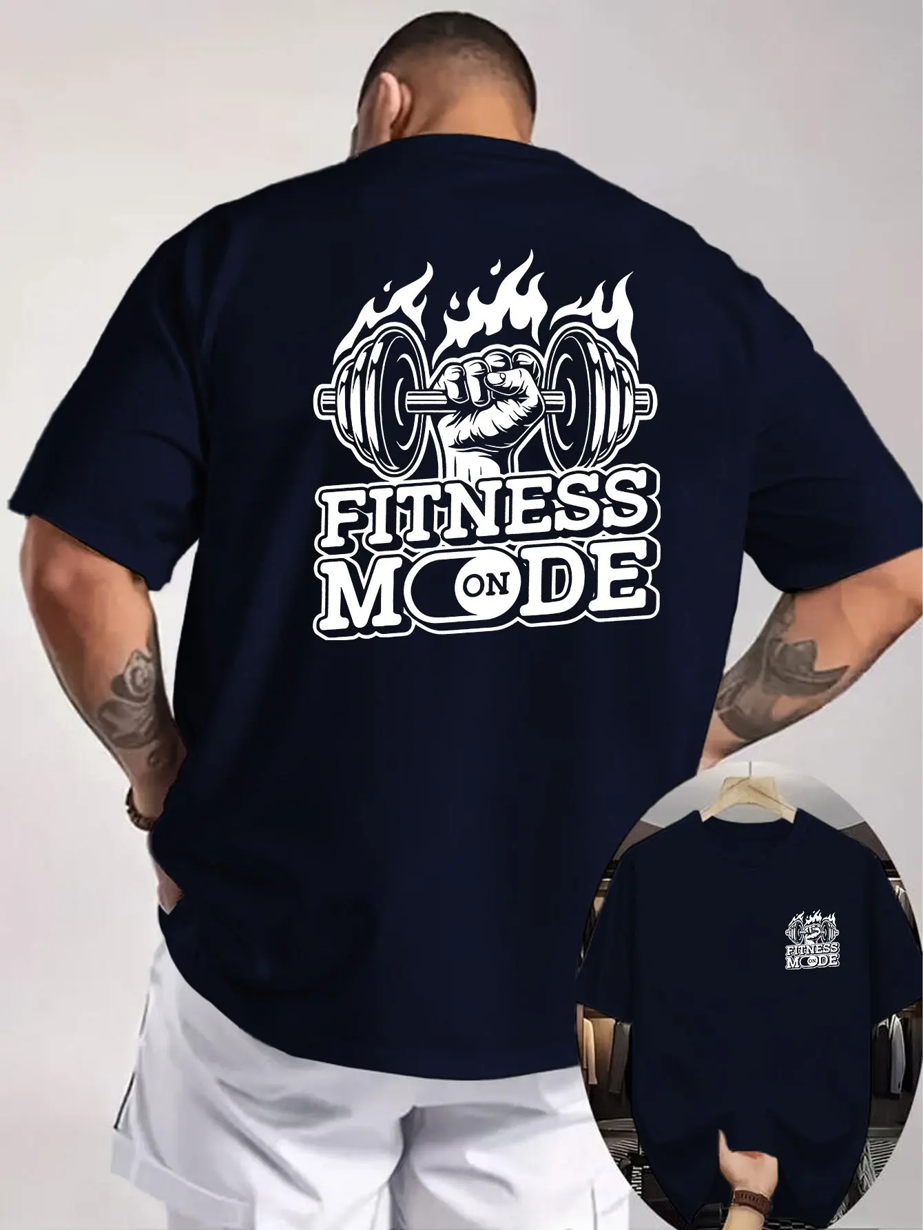 Fitness Mode Flame Dumbbell Graphic Tee Breathable Cotton Short Sleeve Workout Shirt for Men