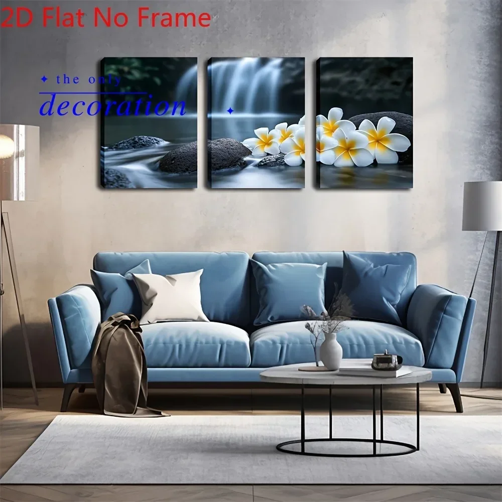 2D Flat, 2D Flat, 3pcs Frameless 2DFLAT Stone Landscape White Yellow Flowers Art Decor Canvas Paintings, Fashion Style Wall A