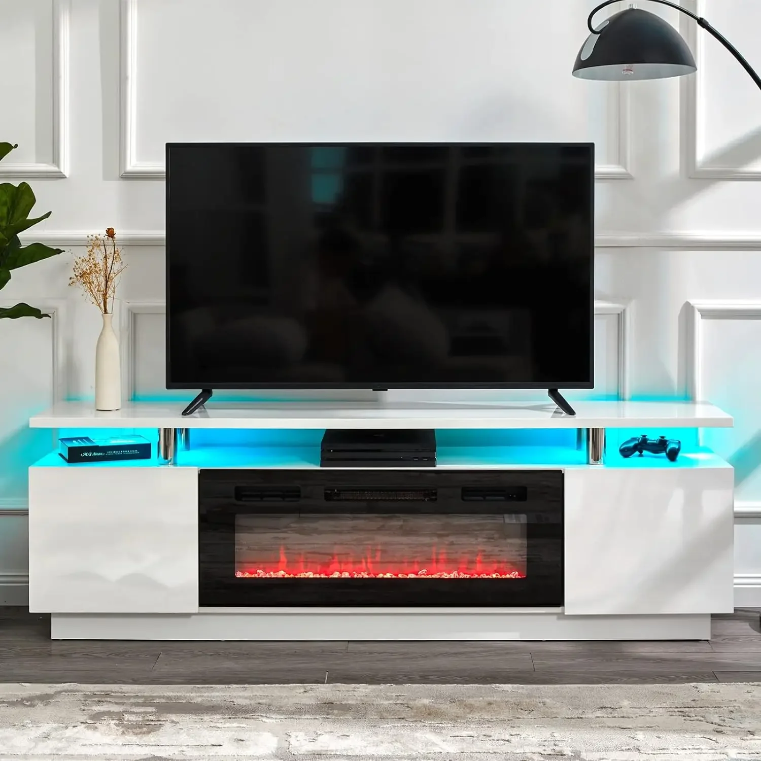 70in Modern High Gloss Entertainment Center LED Lights, 2 Tier Console Cabinet for TVs Up to 80in, White