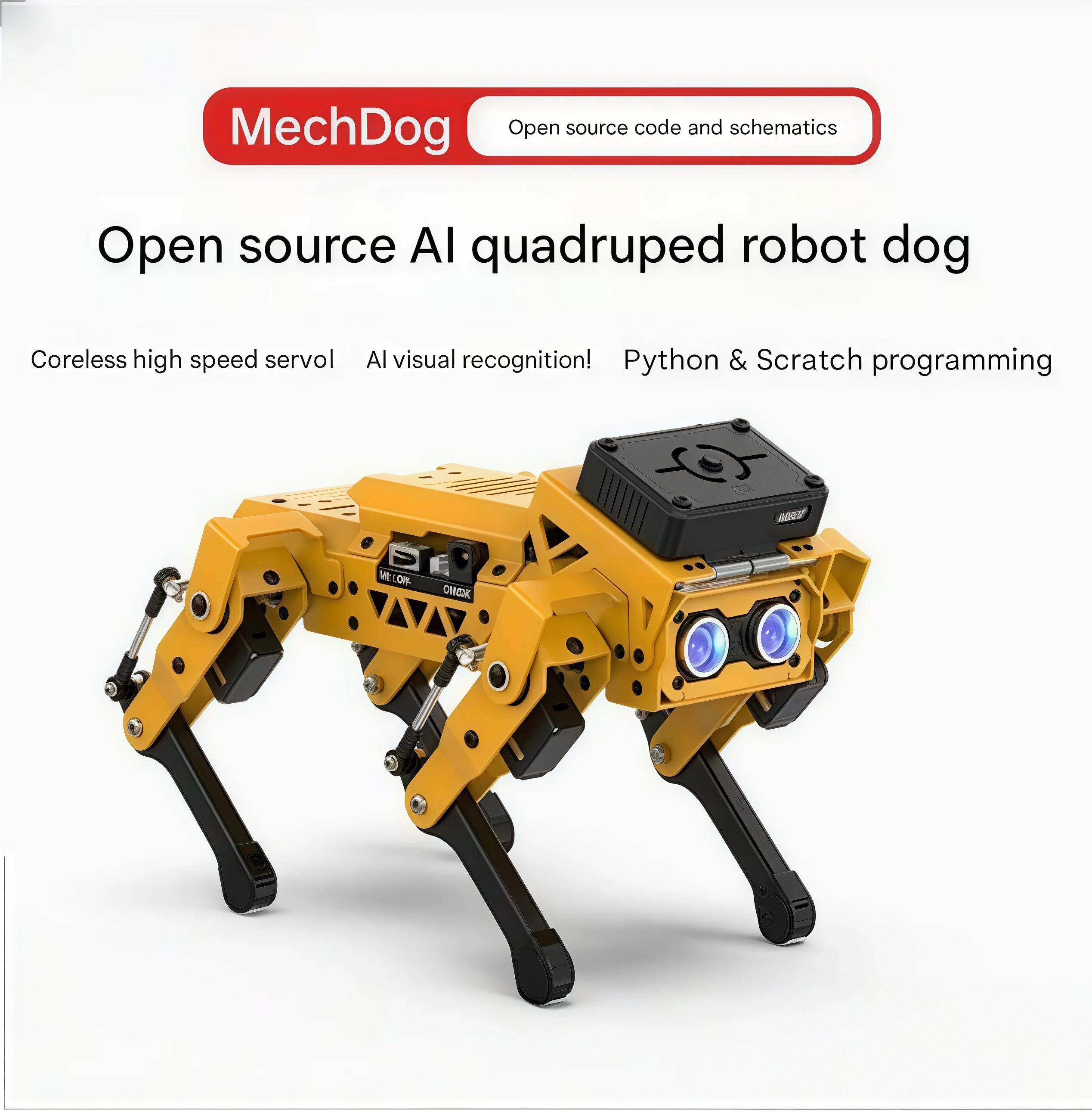 MechDog, a quadruped robot dog, bionic AI vision, Scratch/Python programming, ESP32 robot