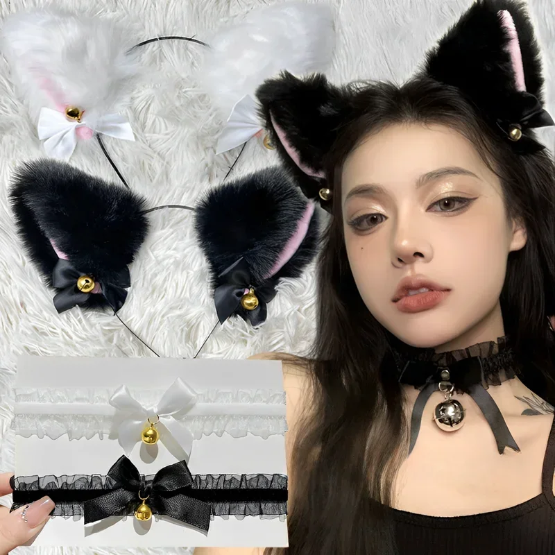 Sexy Cat Ears Headband for Women Girls Lace Bow Necklace Plush Bell Hairband Cosplay Masquerade-Party Costume Hair Accessories